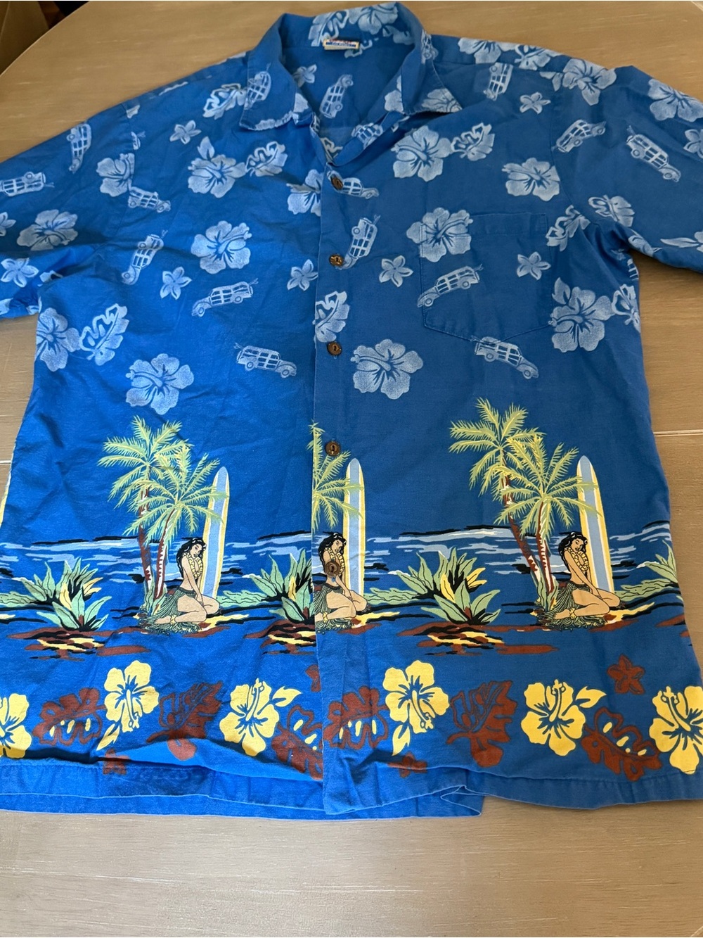 Woody’s Longboards Hawaiian Shirt Men’s XL Blue Surf Hula Woodie Wagon Aloha